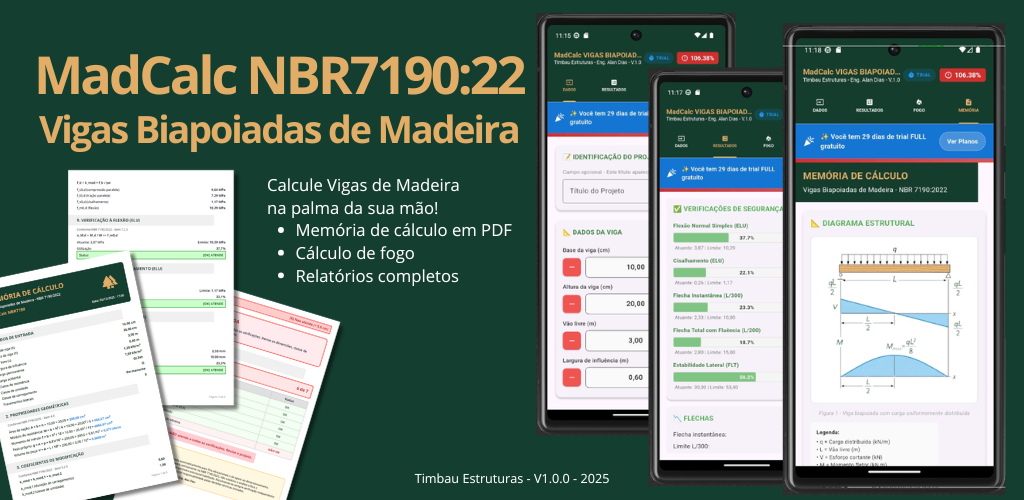 App MadCalc: vigas biapoiadas de madeira pela NBR 7190:2022